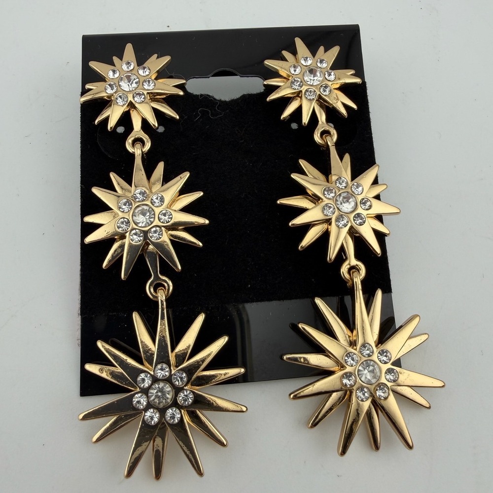 Starburst Art Deco Drop Earrings Gold Tone Excellent Celestial Rhinestone Tiered